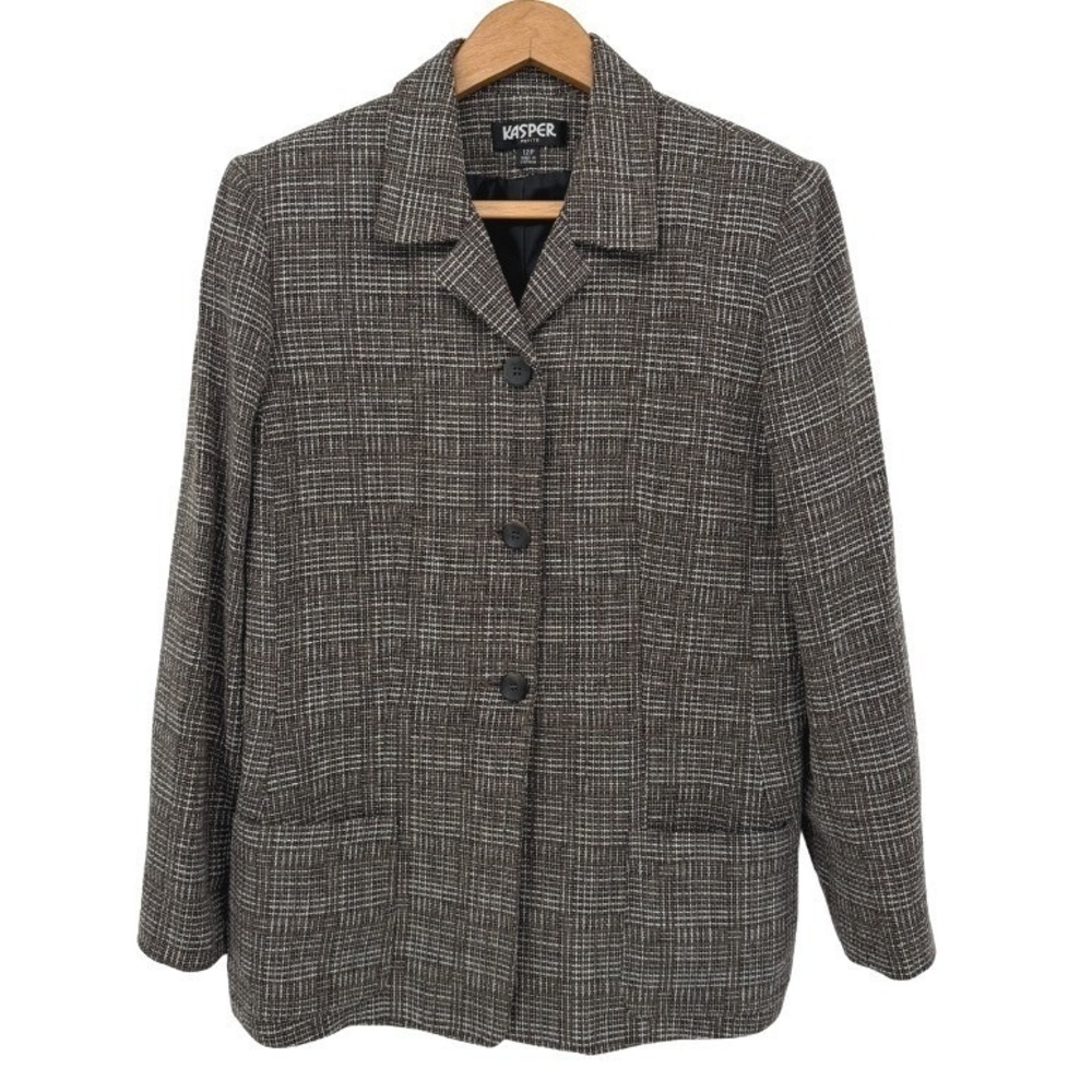 Kasper Career Blazer Brown Basketweave Textured 3 Button‎ Jacket Size 12P